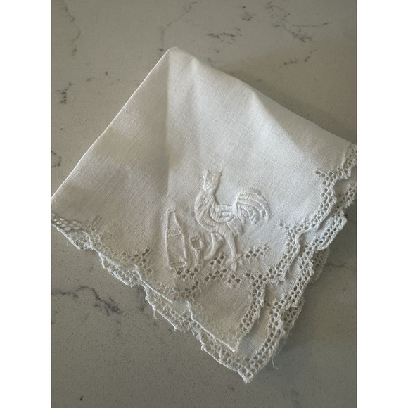 Vintage 70'sRooster Madeira Cocktail Napkins (6) Hand Embroidered Scallop Line - Picture 3 of 5